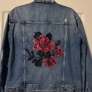 Paige Embroidered Denim Distressed Denim Jacket w/Sequin Rose Design